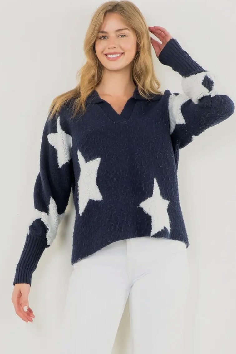 THML Ashley Star Knit Sweater In Navy & White - 2nd Round Equestrian