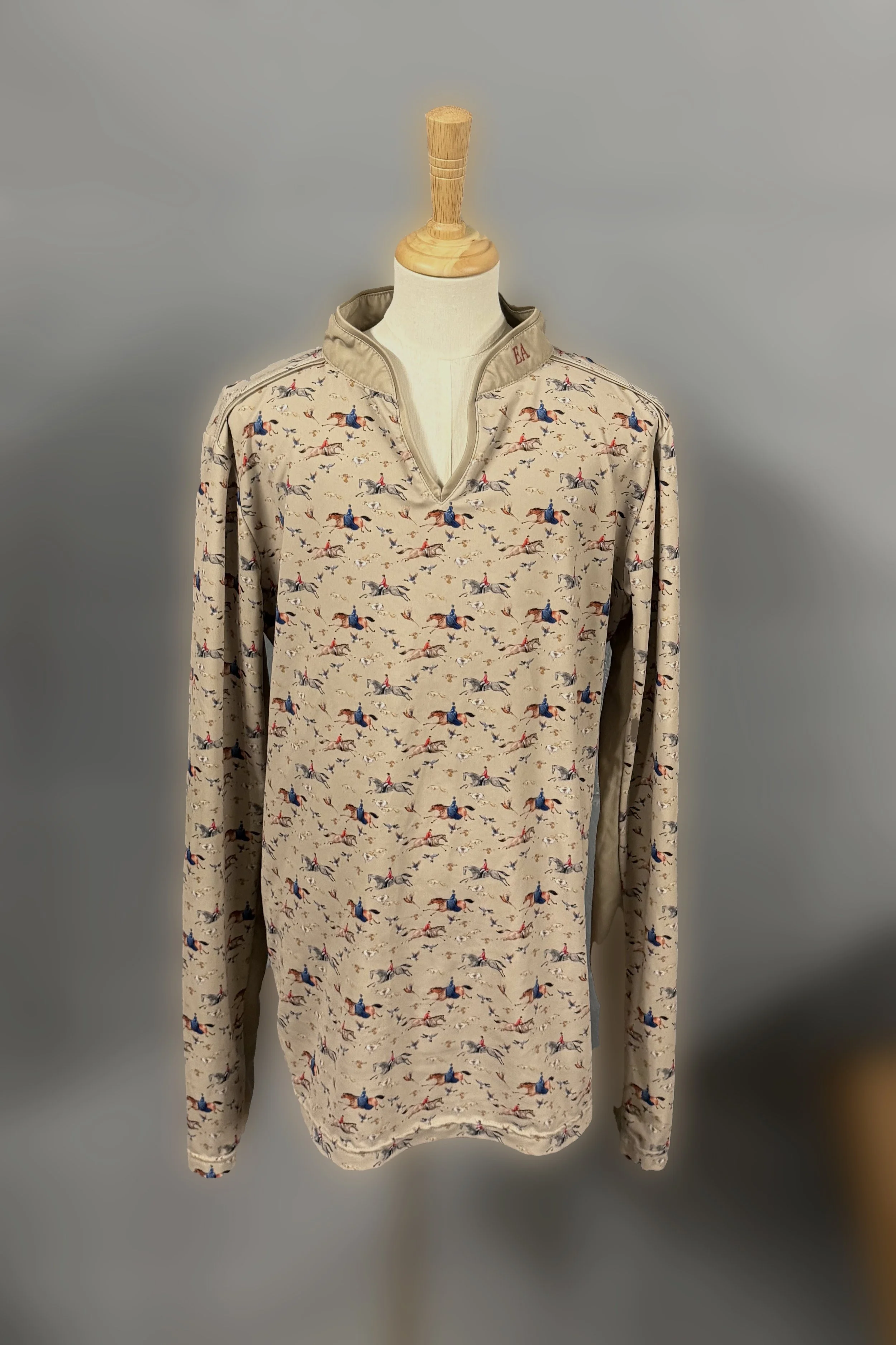 Equestress V-Neck Long Sleeve Shirt In Tan Fox Hunting Print - Large