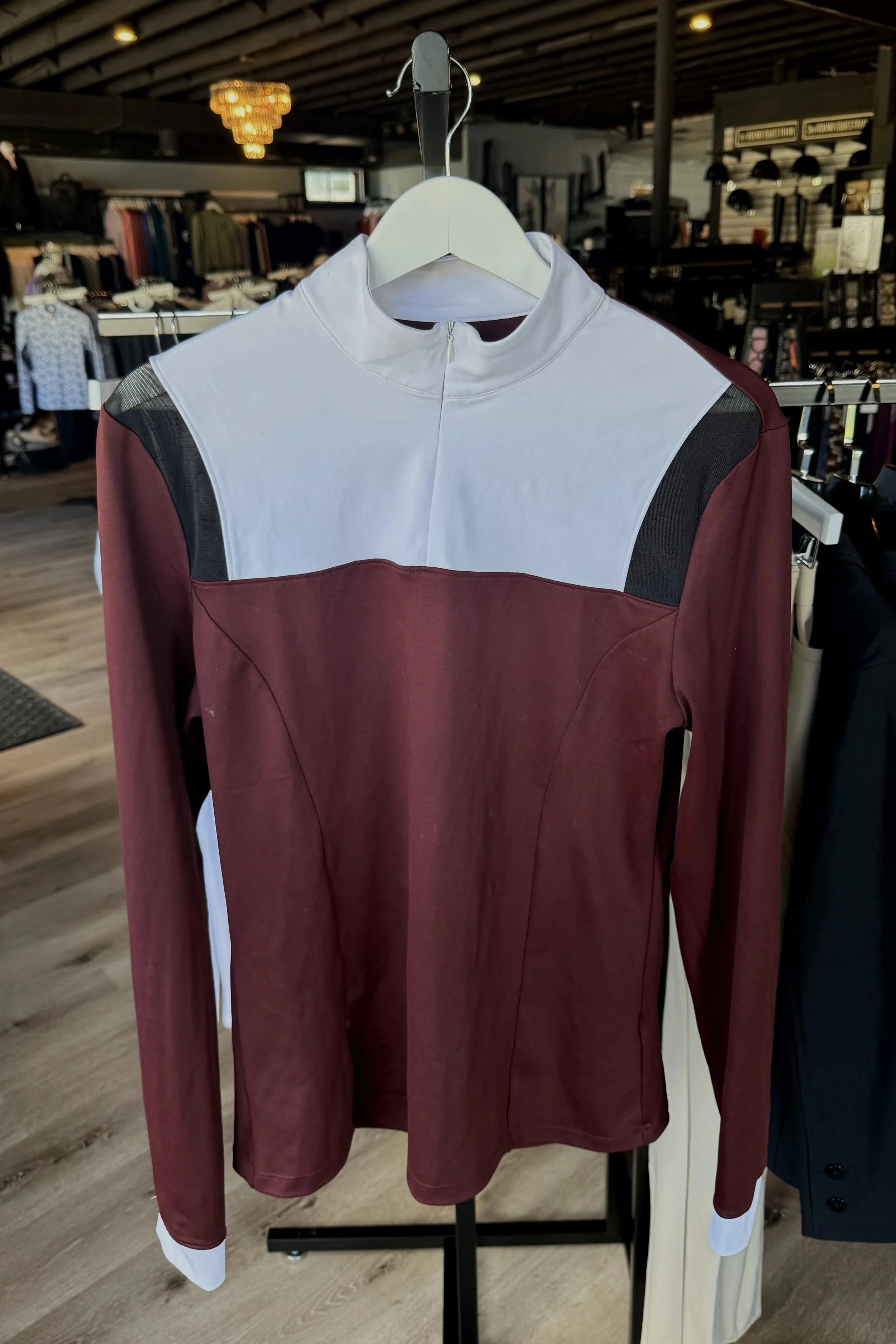 Equisite Nadine Long Sleeve Show Shirt In Burgundy & White - XL