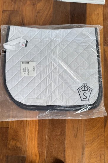 Jacks Dressage Quilted Pad White with Navy and Black with Swedish Warmblood Logo - Full