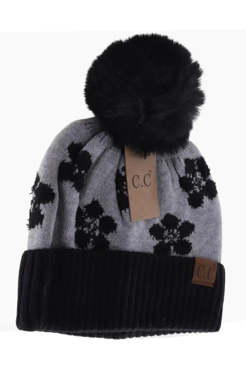 C.C Beanie Daisy Patterned Faux Fur In Black