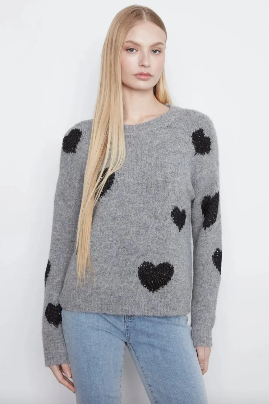 Charlie B Heart Embroideredt Knit Sweater In Medium Grey
