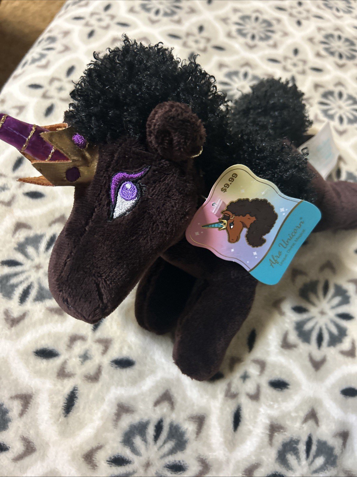 Afro Unicorn Stuffed Soft Plush Dk Brown Unicorn Purple/Gold Horn