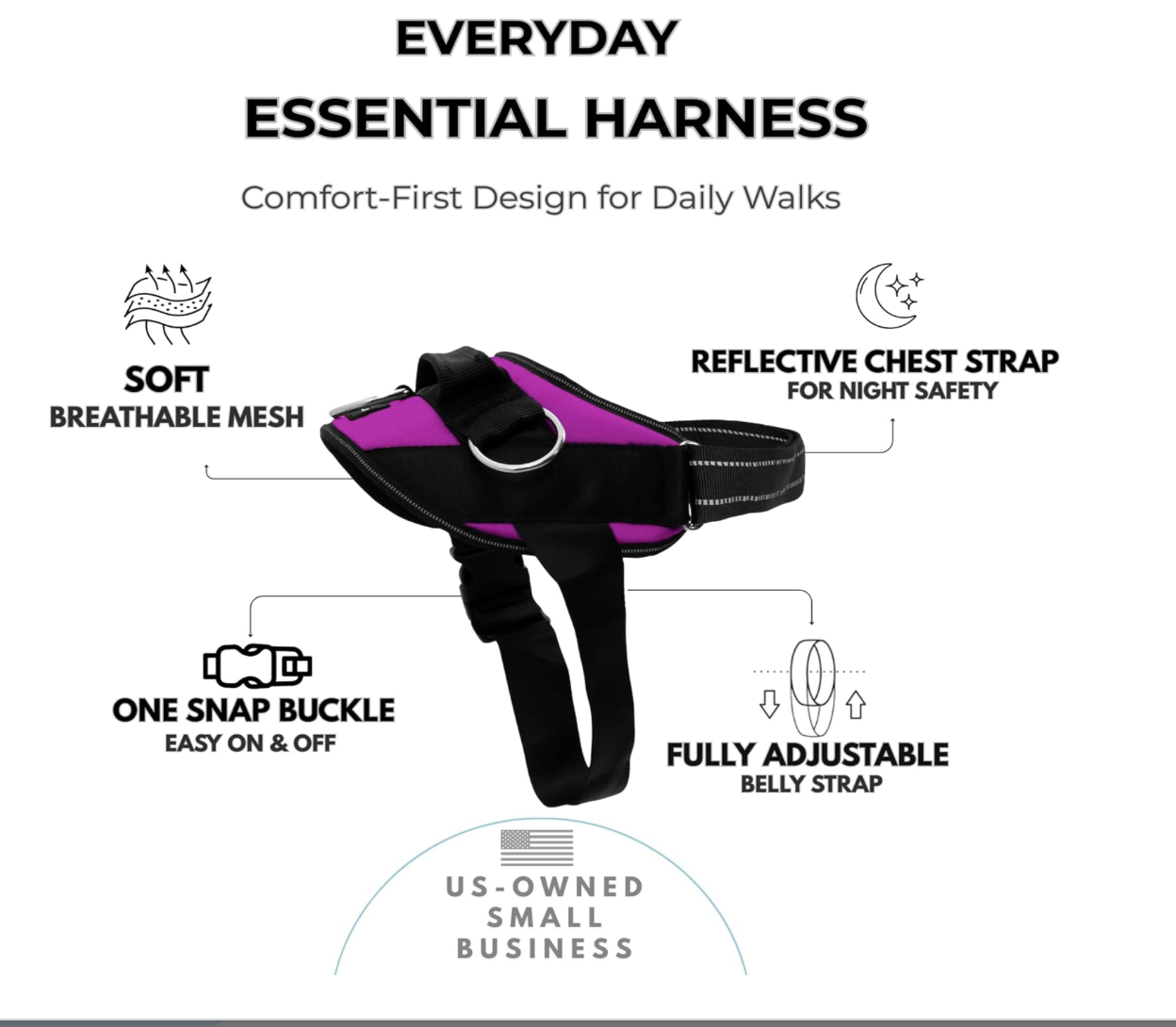 ShawnCo Essential Dog Harness, No-Pull Pet Vest with 3 Leash Clips, No Choke, Reflective, Adjustable and Padded, for Easy Walking and Training in Orchid Size Large