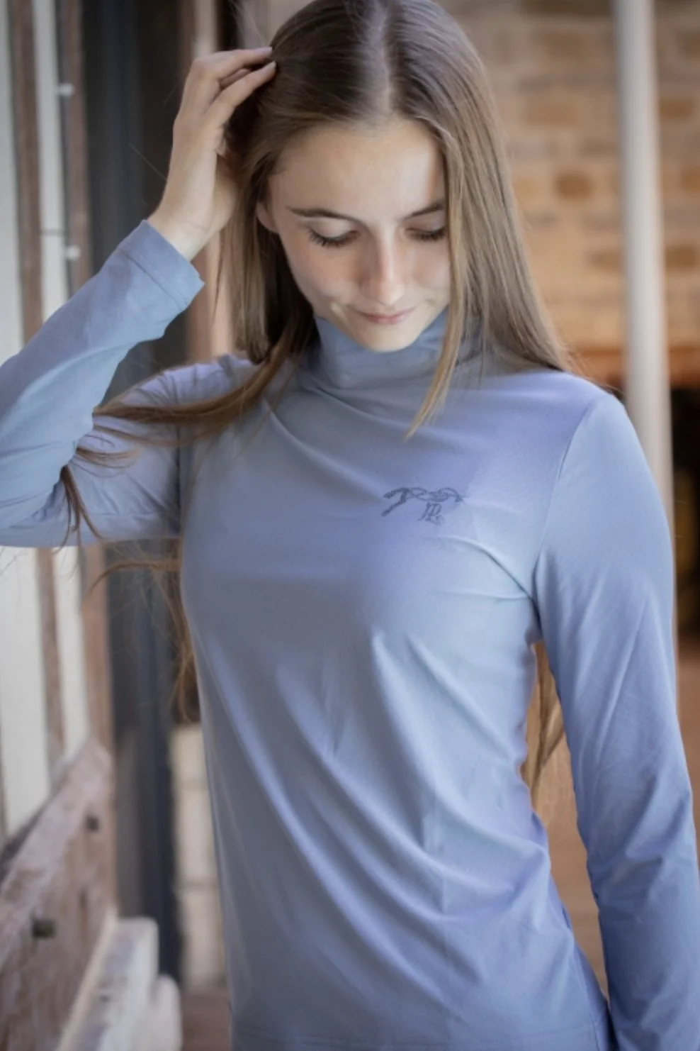 Penelope Charlotte Mock Neck Long Sleeve Shirt In Blue Grey