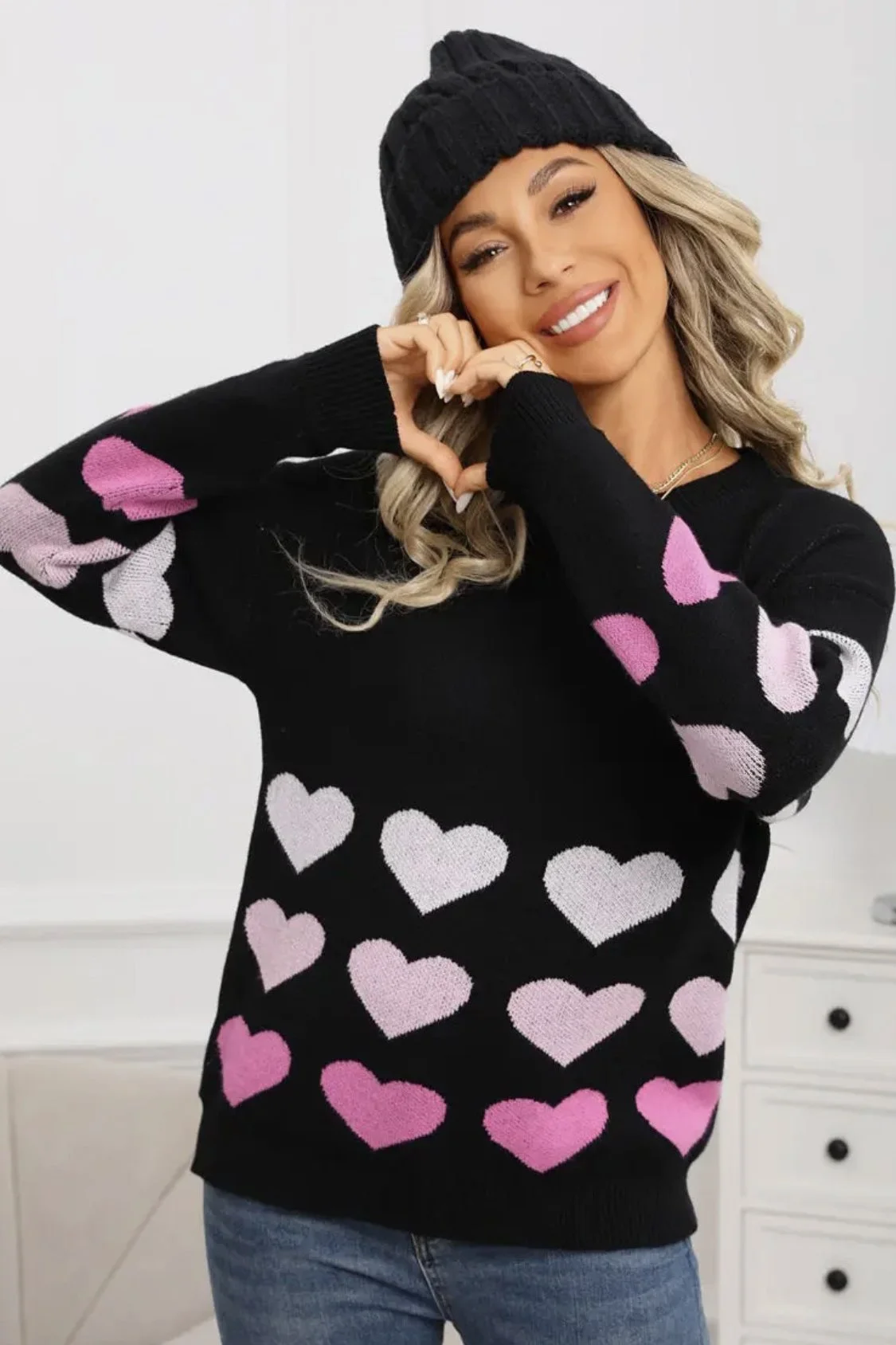 Lily & Lane Ombre Heart Print Sweater In Black