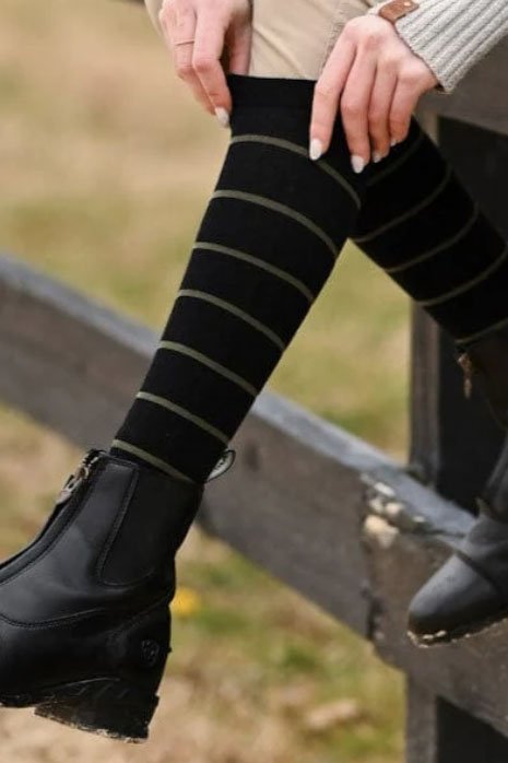 Dreamers & Schemers Simple Stripe Knit Socks In Black w/ Sage - 2nd Round Equestrian