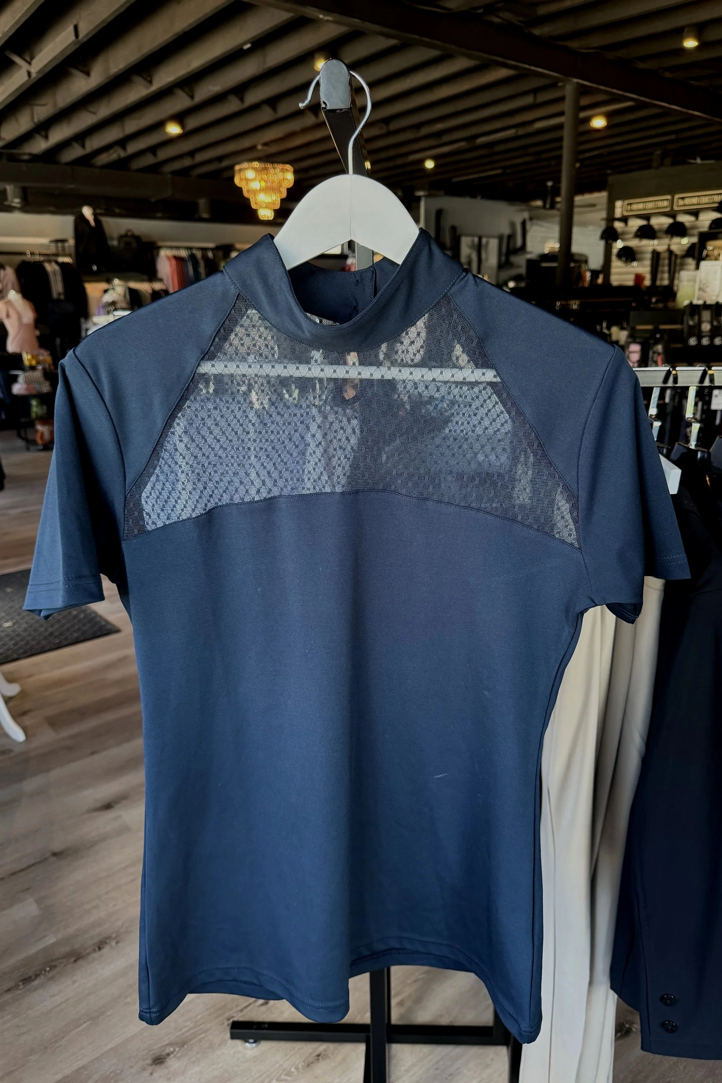 Equisite Mesh Front Short Sleeve Show Shirt In Navy - XL