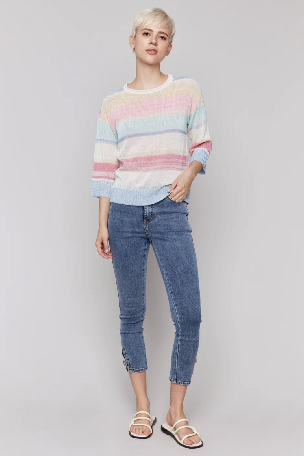 Charlie B Striped 3/4 Sleeve Crew Neck Jersey Sweater In Pastel - 2nd Round Equestrian