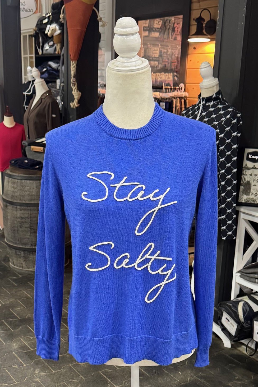 Alashan Cashmere Stay Salty Crew Neck Sweater In Cruise Blue & White - 2nd Round Equestrian