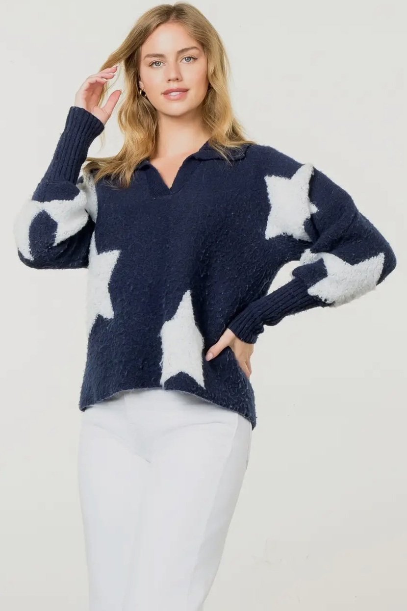 THML Ashley Star Knit Sweater In Navy & White - 2nd Round Equestrian
