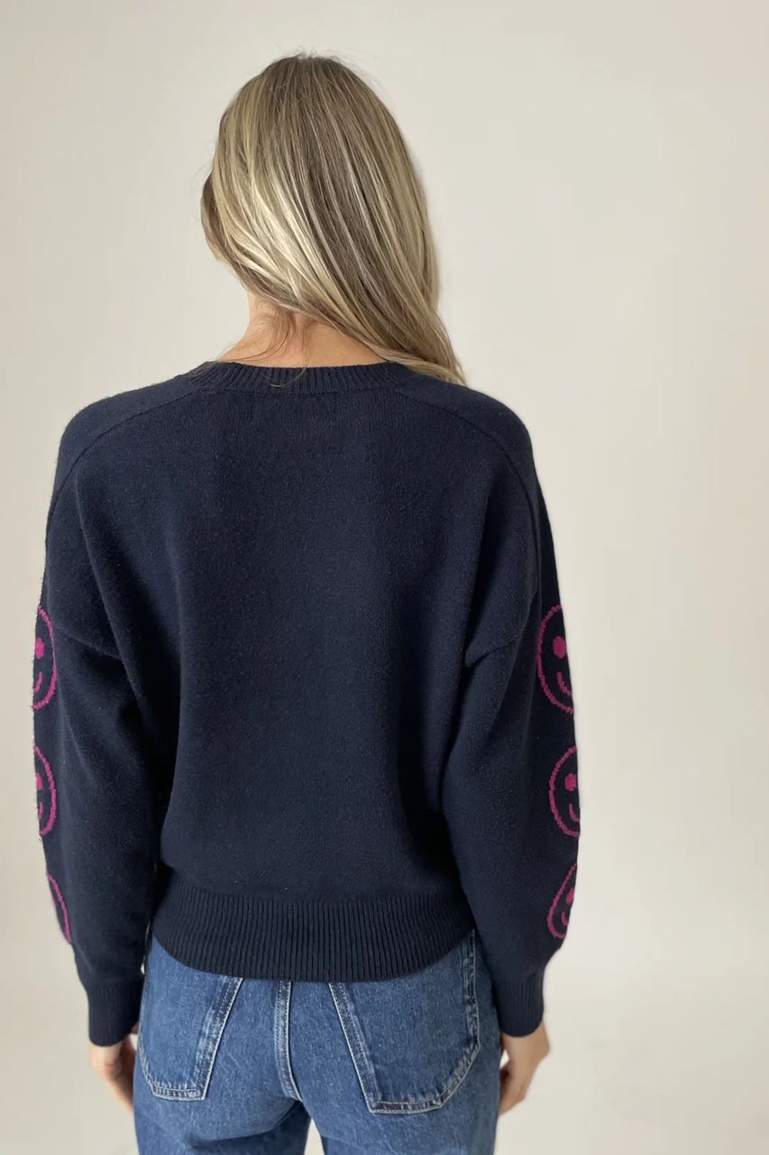 SIX FIFTY Good Mood Smiley Crew Neck In Navy & Hot Pink - 2nd Round Equestrian