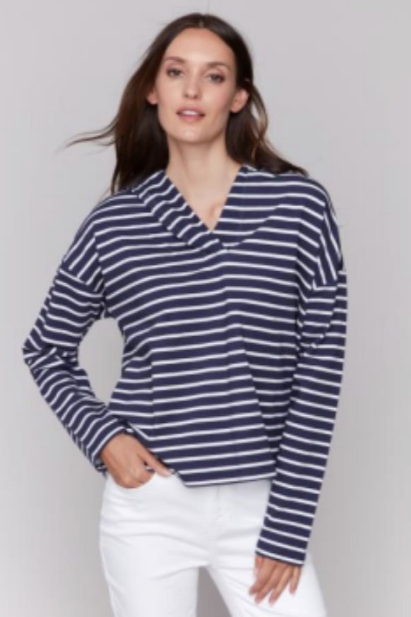 Charlie B V Neck Marine Hoodie In Navy & White - 2nd Round Equestrian