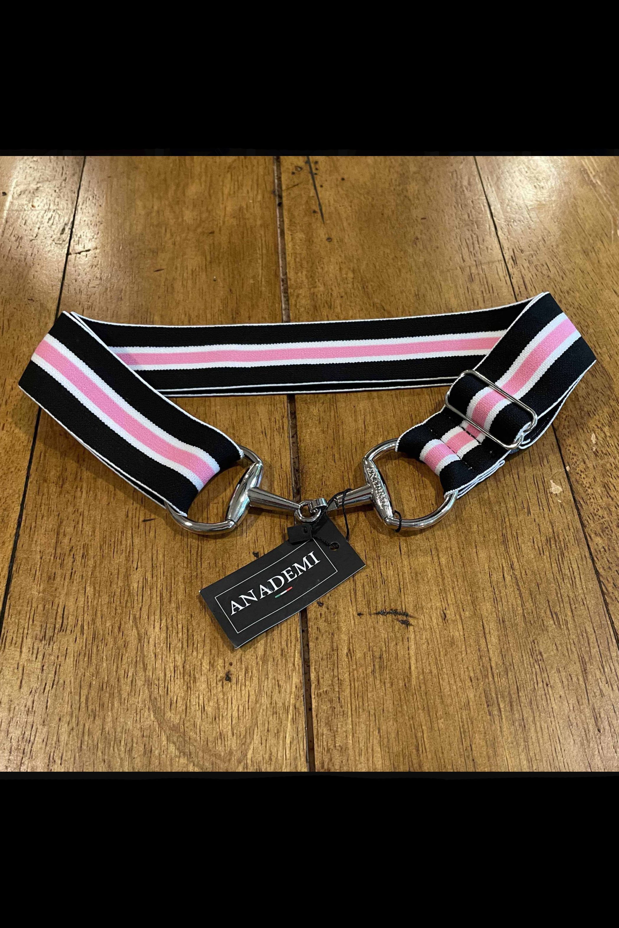 Anademi Adjustable Stretch Bit Belt In Black,Pink & White Stripes