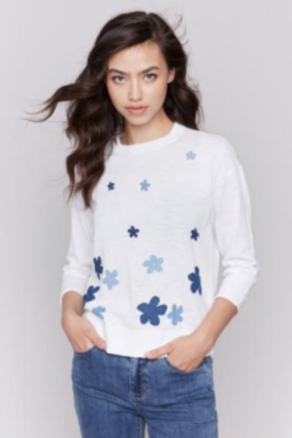 Charlie B Floral Denim Patches Top In White - 2nd Round Equestrian
