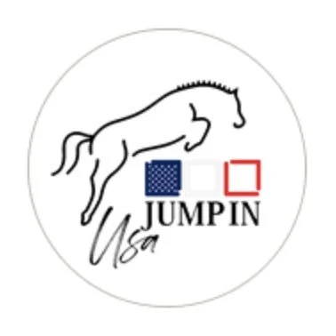 Logo featuring an outline of a horse jumping over abstract squares, with the text 'Jump In USA' beneath.