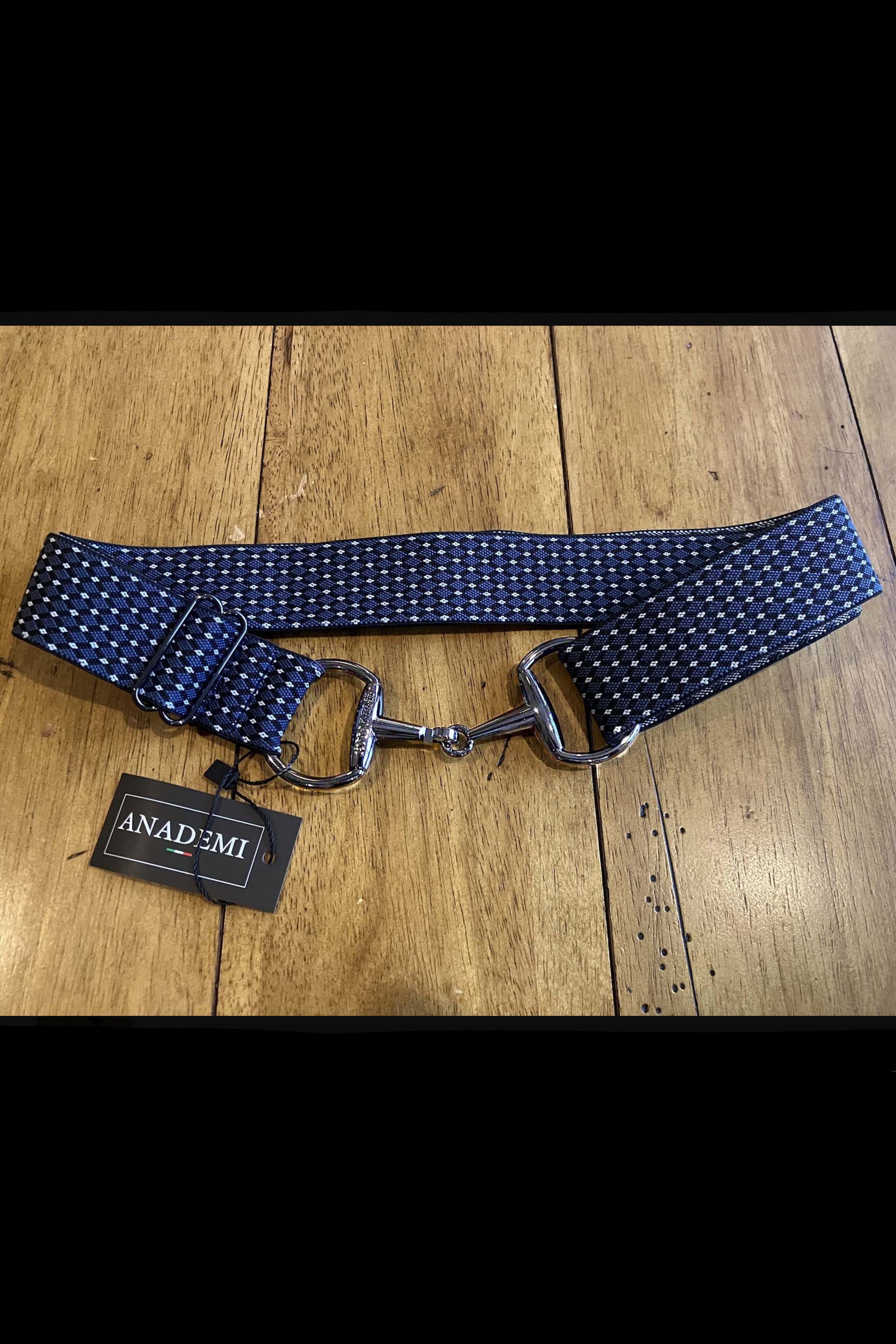 Anademi Adjustable Stretch Bit Belt In Navy With Black & White Diamonds
