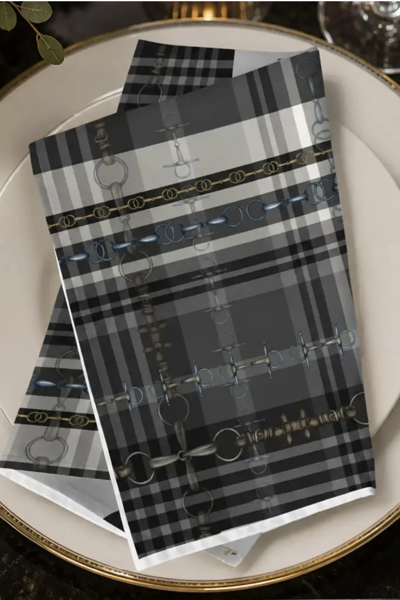 Designs Equine - Equestrian Snaffle Bit Black Plaid Napkins (Set of 4)