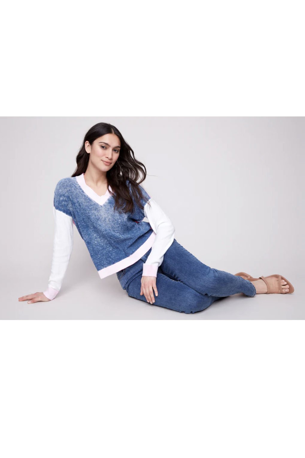 Charlie B Color Block V Neck Sweater In Denim, Pink & White - 2nd Round Equestrian