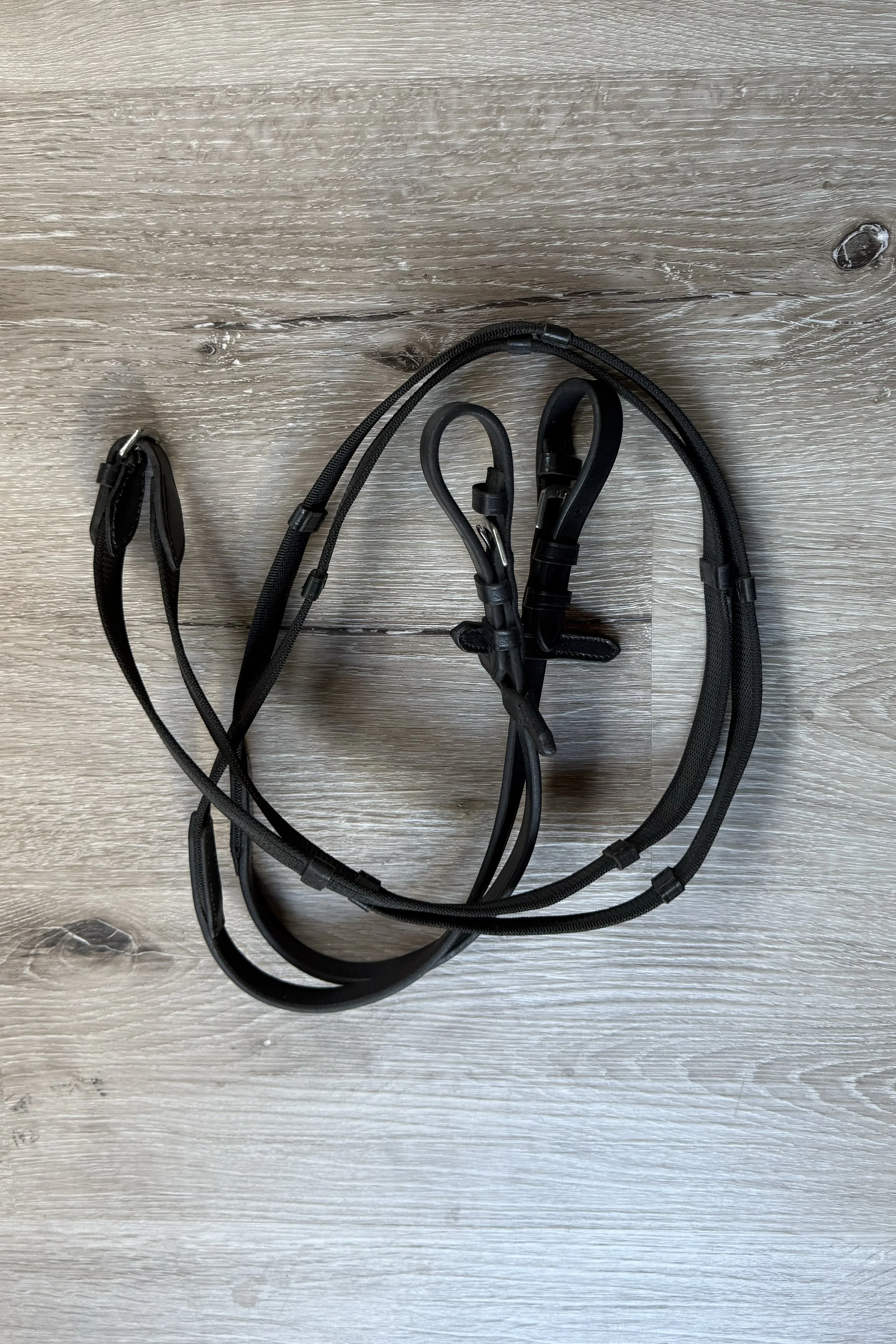 Rubber Lined Web Reins with Hand Stops in Black - Full