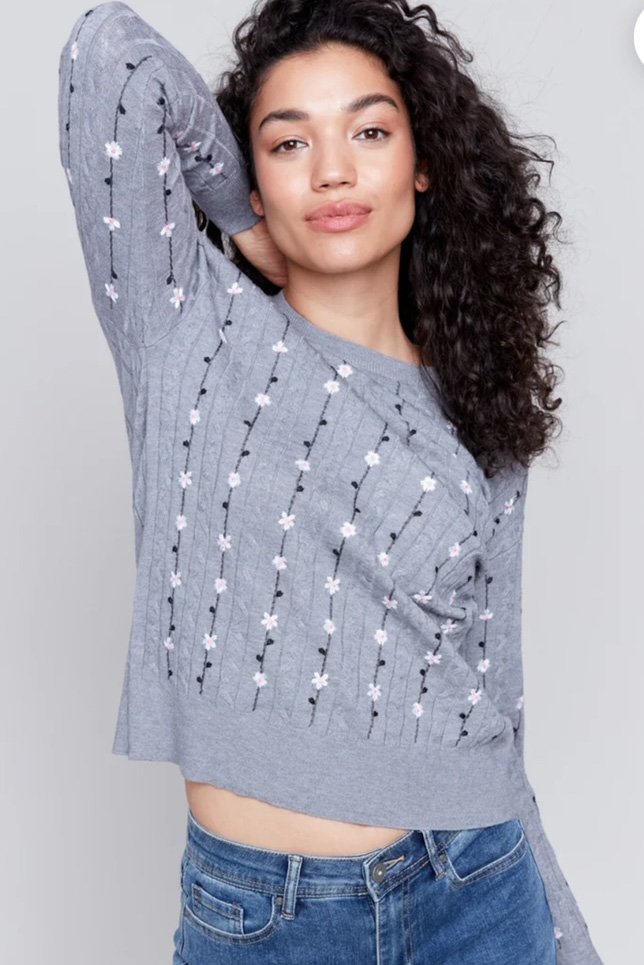CHARLIE B Floral Embroidery Knit Sweater In Grey - 2nd Round Equestrian