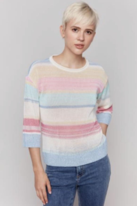 Charlie B Striped 3/4 Sleeve Crew Neck Jersey Sweater In Pastel - 2nd Round Equestrian