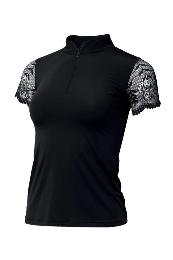Halter Ego Charlie Short Sleeve Lace Riding Shirt In Black - 2nd Round Equestrian