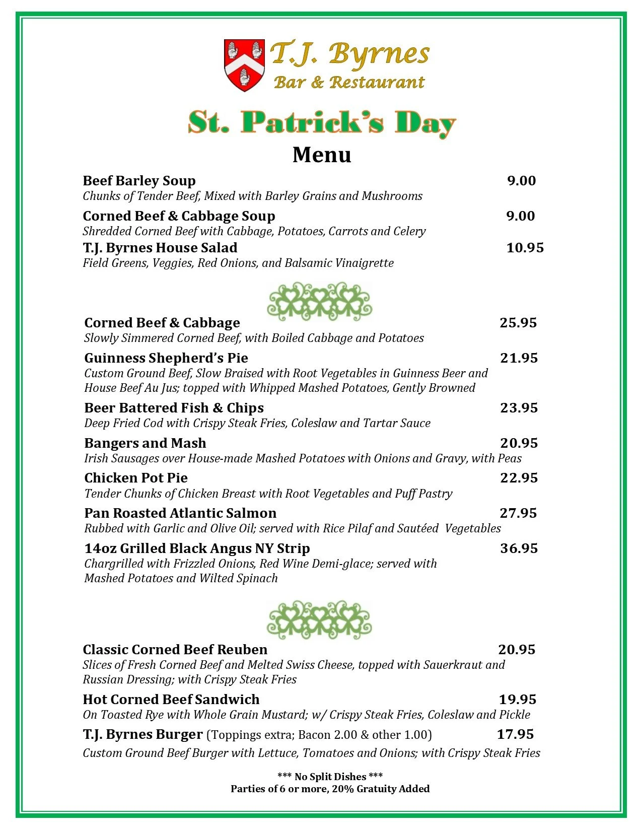 St. Patrick's Day Menu