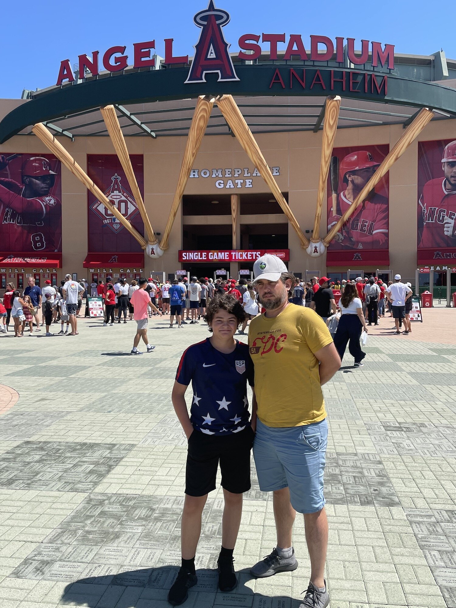Ollie and Uncle Braden in front of Angel Stadium of Anaheim