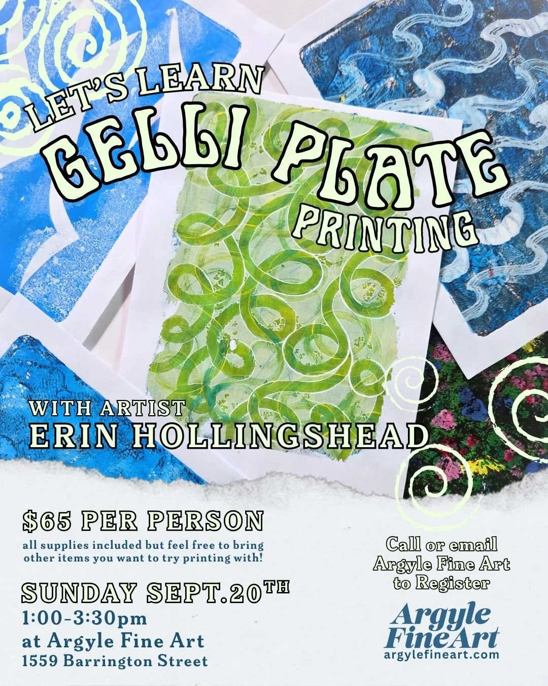 Sunday Sept.20 from 1:00-3:30, Gelli Plate Printing workshop with Erin Hollingshead!