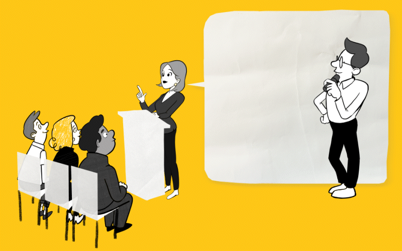 Adrien Liard-Une dirigeante sur scène lors d'un séminaire s'adresse à ses collaborateurs. Adrien Liard, facilitateur graphique, réalise en direct la synthèse visuelle de son intervention.