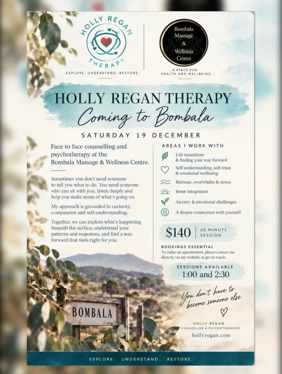 My next Bombala counselling day is Saturday 19 December! 🌿

I have two face-to-face sessions available at 1:00 pm and 2:30 pm.

I&rsquo;ll also be speaking at Vitality Day in November, which I&rsquo;m really looking forward to!

And from 2027, I&rsq