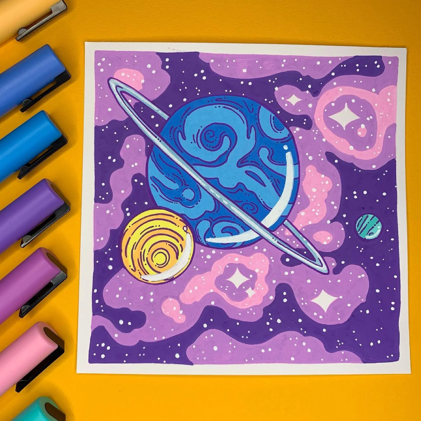 Space paint pen experimentation! #posca #poscapens #poscapaintpens #poscamarkers #poscaart #uniposca #paintpens #traditionalart #limitedpalette #illustration #artistoninstagram #acrylicmarker #spaceart #space #nebulaart #nebula #planet #planets #scif