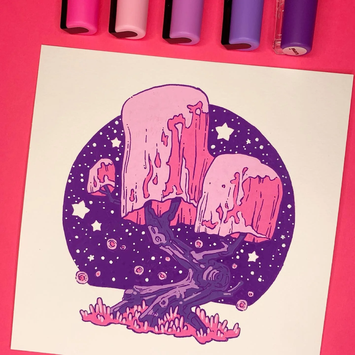 Fireflies are the coolest bug #posca #poscapens #poscapaintpens #poscamarkers #poscaart #uniposca #paintpens #traditionalart #limitedpalette #illustration #artistoninstagram #acrylicmarker #tree #firefly #night #pink #purple