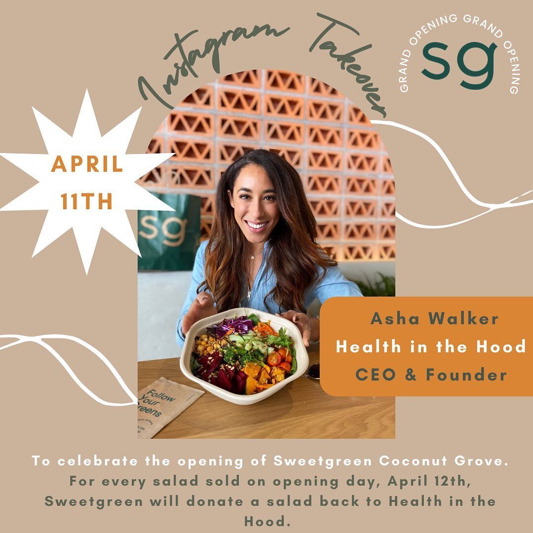It&rsquo;s time!!! Head over to @sweetgreen for the @healthinthehood @the__fit__farmer IG takeover!! And don&rsquo;t miss the Coconut Grove store opening tomorrow! Every salad sold on opening day means a salad for Health in the Hood family! Let&rsquo