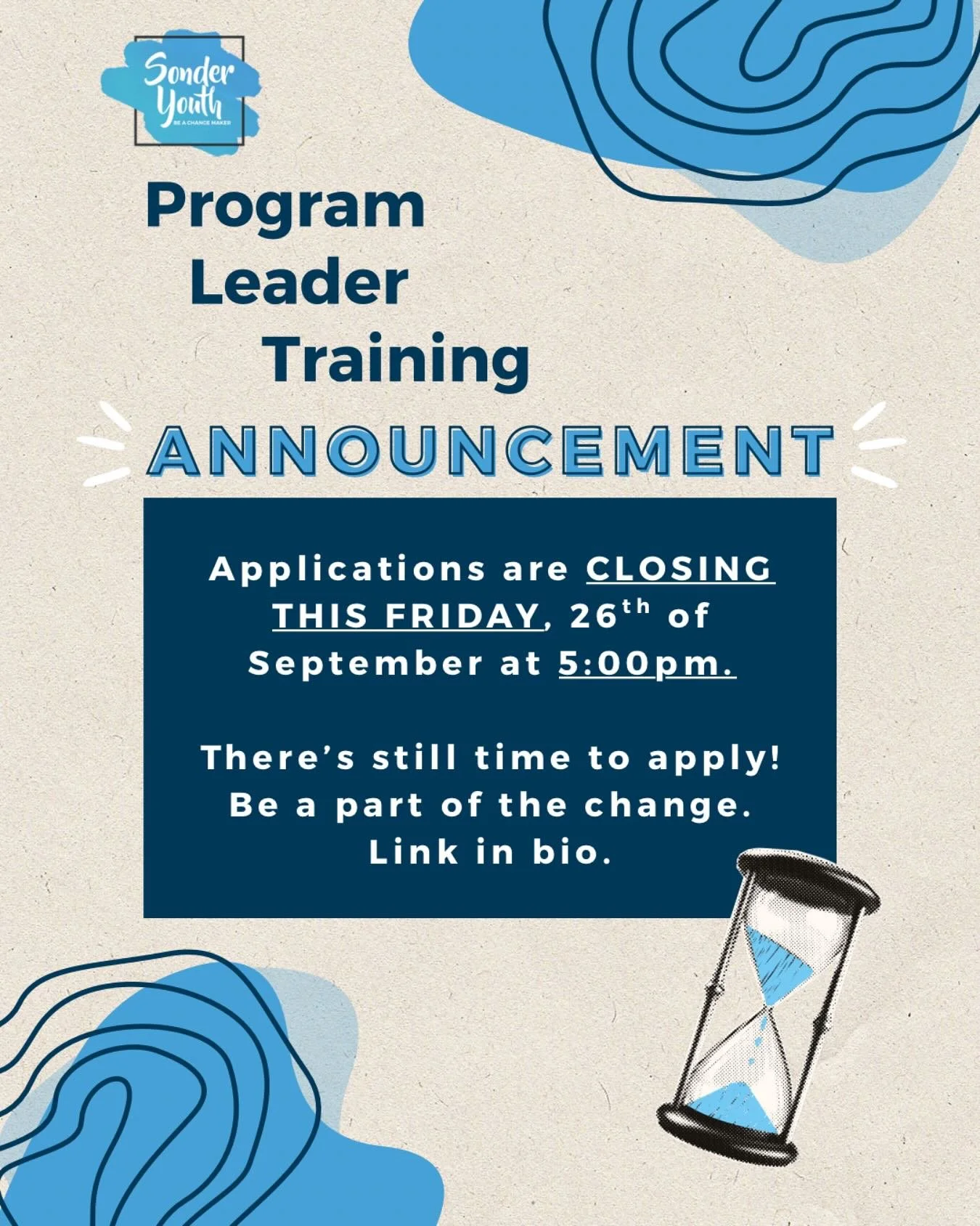 It&rsquo;s not too late to sign up! This Friday is your last opportunity to apply to be a part of the Sonder team. This all-expenses-paid leadership training is an opportunity for YOU to lead real change in your community. Check out our bio for more 