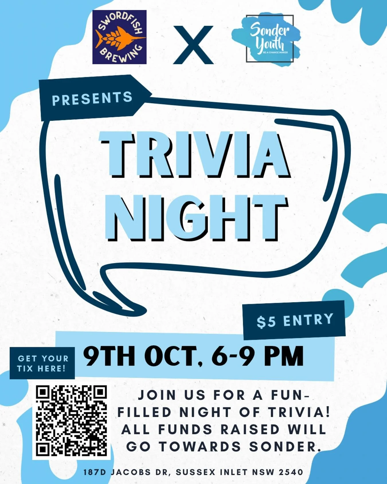 Who likes TRIVIA?! Grab your friends and family, and bring them down to Swordfish Brewing on the 9th of October at 6pm for an epic evening of fun and good food! Tickets are only $5, and you can buy them by scanning the QR code in the post above or ch
