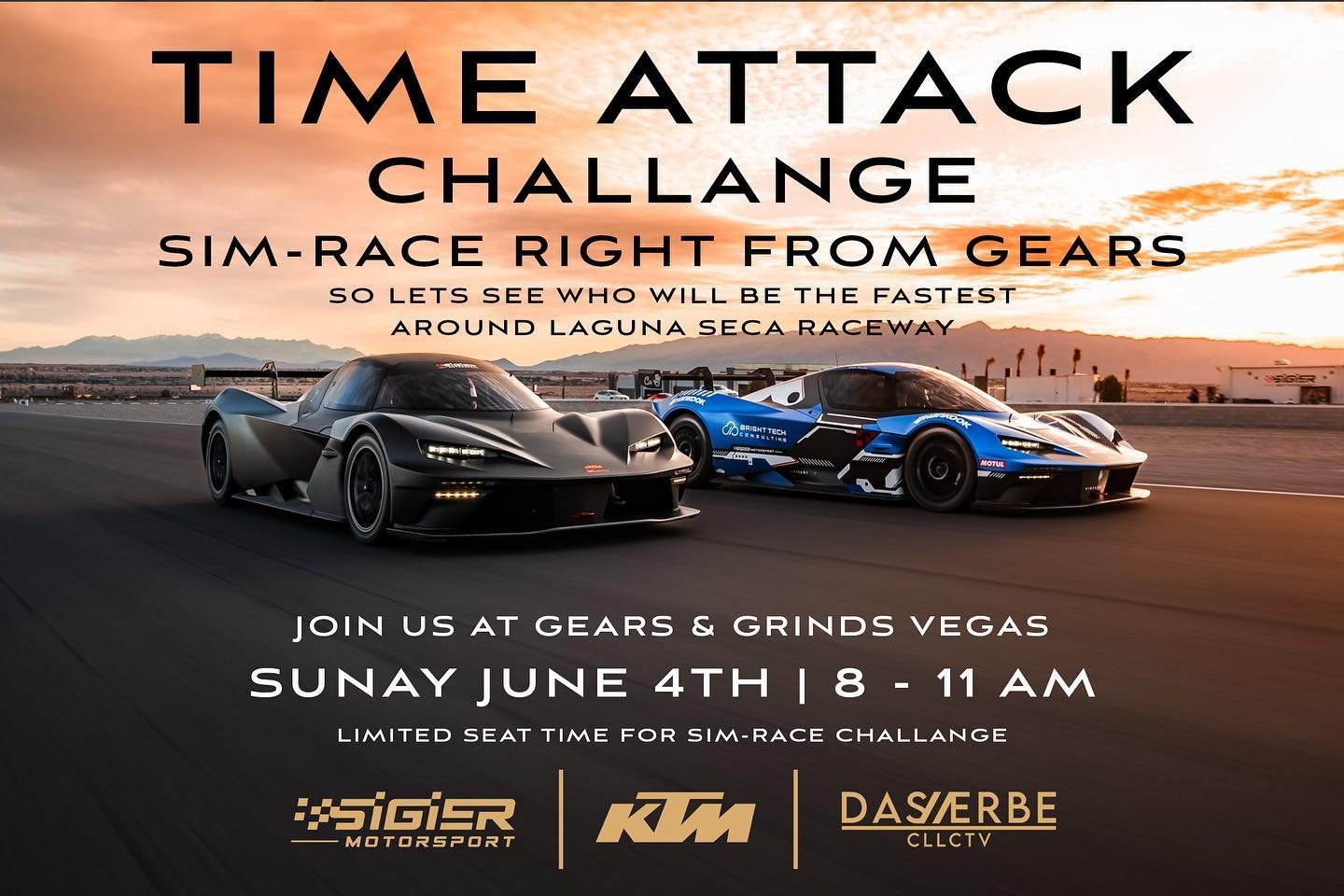Do you think you have what it takes to set the first Time Attack Record at Gears &amp; Grinds this Sunday?

Jump in the driver seat of the Ultimate Track Weapon - see if you can set the best lap time at Laguna Seca on the Sigier Racing Simulator.

📸