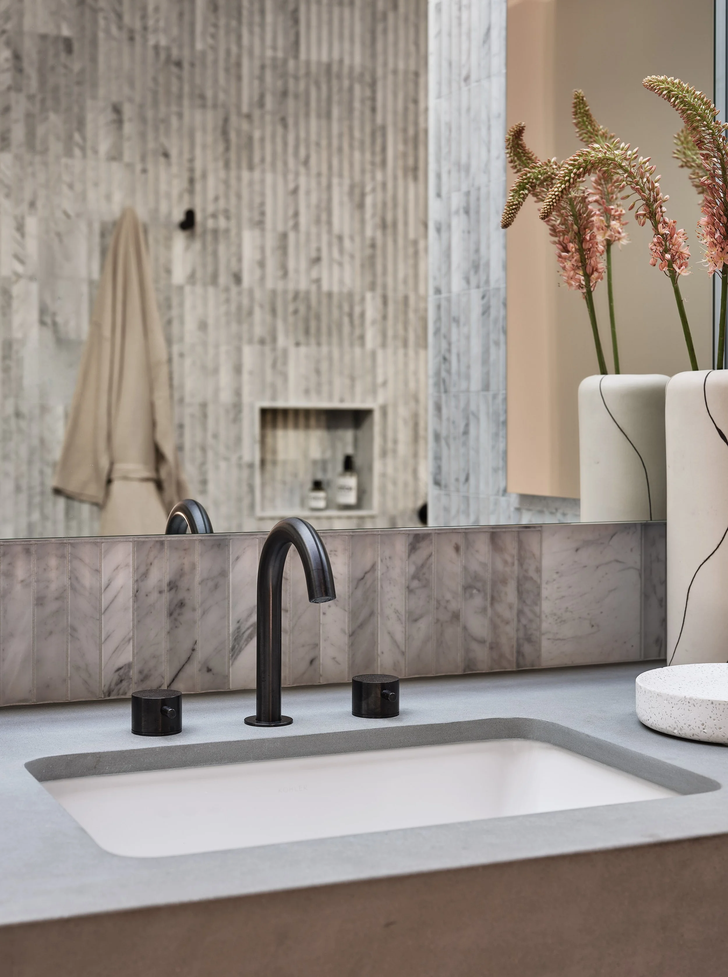 Contemporary bathroom interior with custom finishes