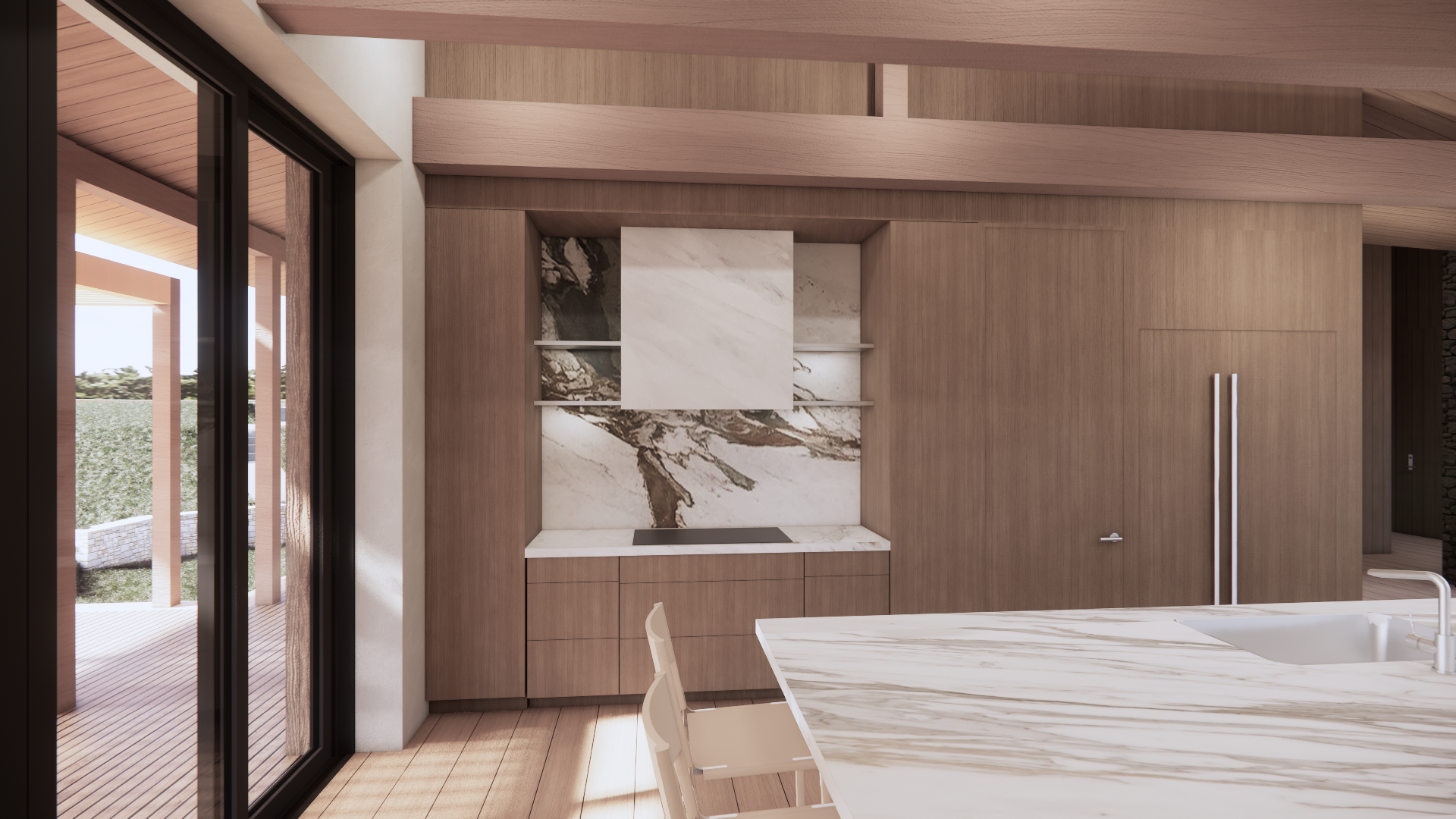 Custom kitchen cabinetry and stone backsplash in the Octagon House in Los Altos Hills