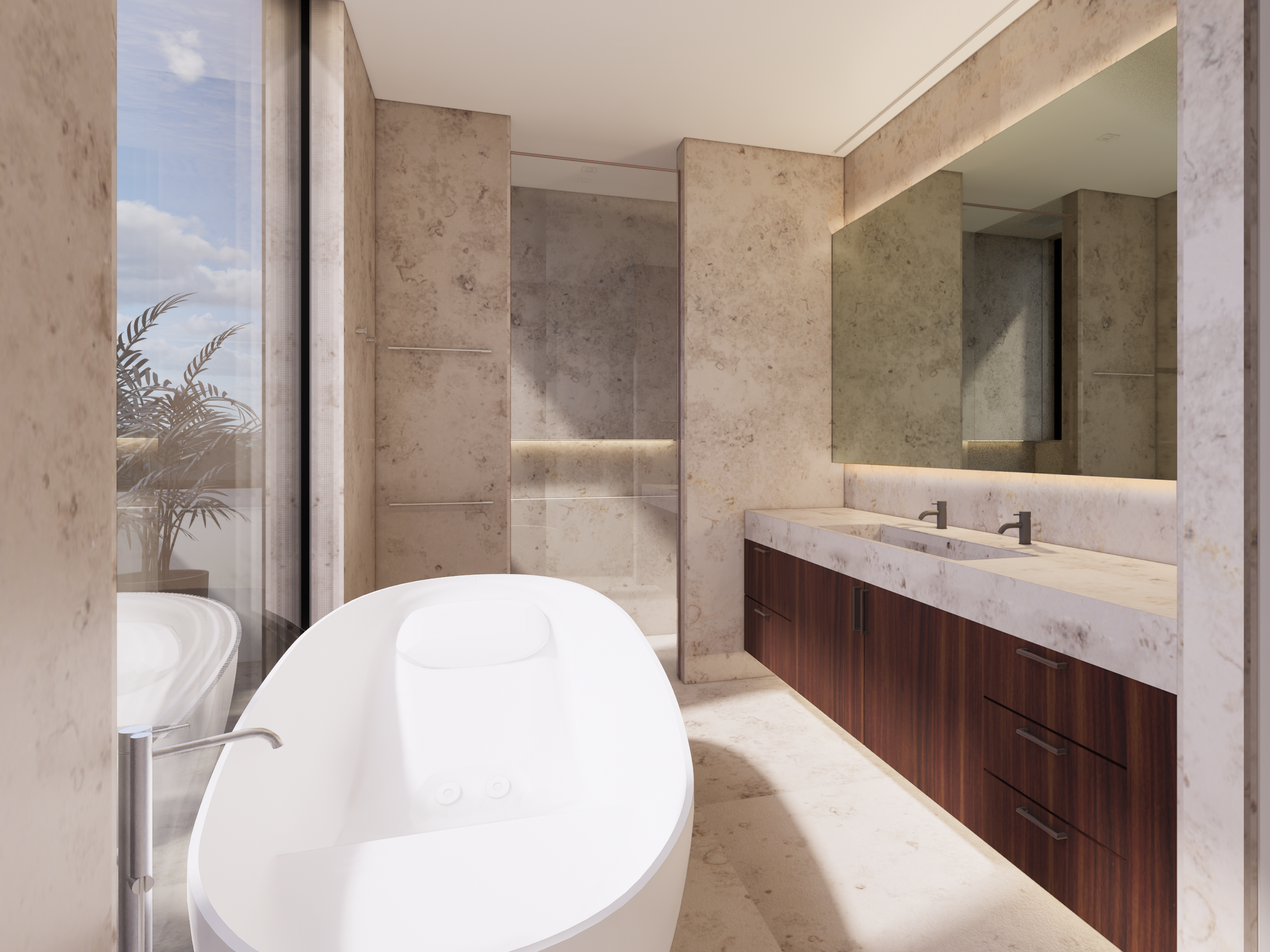 luxury modern bathroom with custom italian stone and natural light at potrero residence, san francisco residential architects by studio ovo