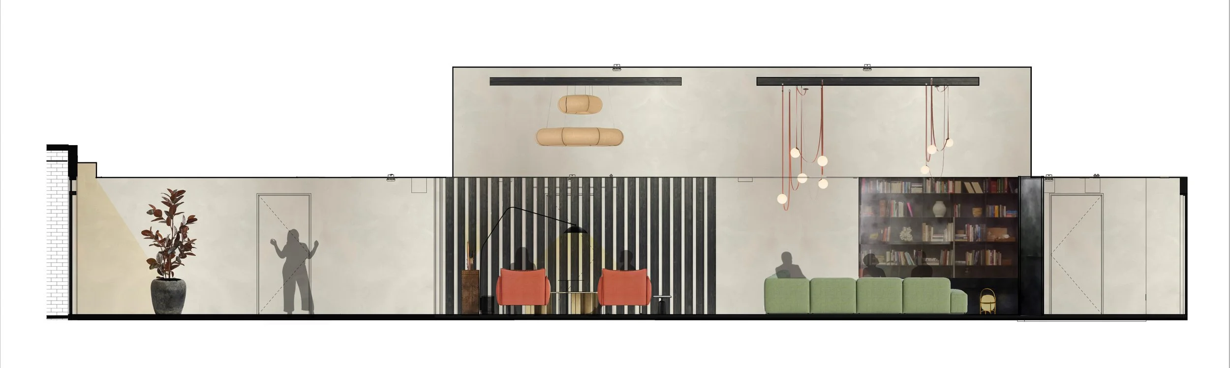 Interior elevation for the 101 Lombard East Lobby showing custom seating, wood paneling, shelving and decorative lighting