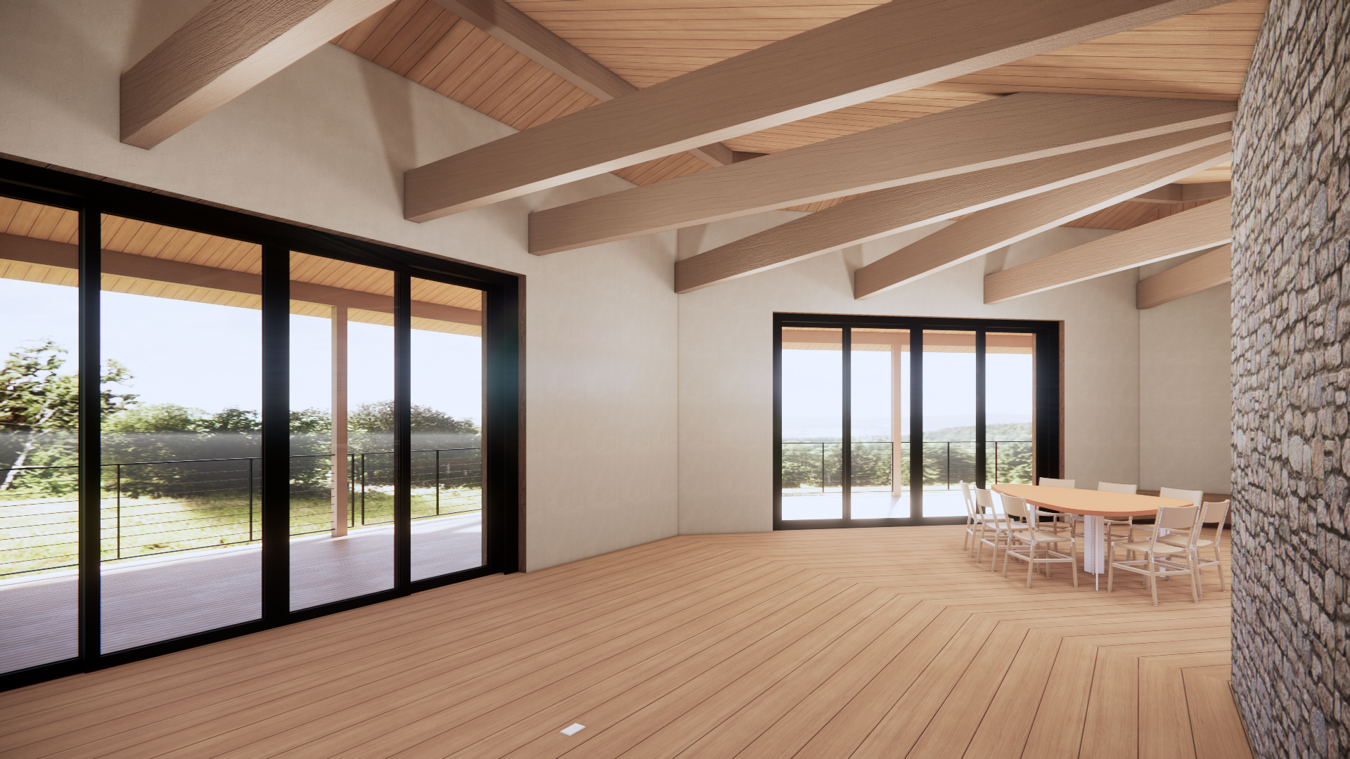 Open dining interior with exposed wood beams and large glass doors connecting to the outdoor porch