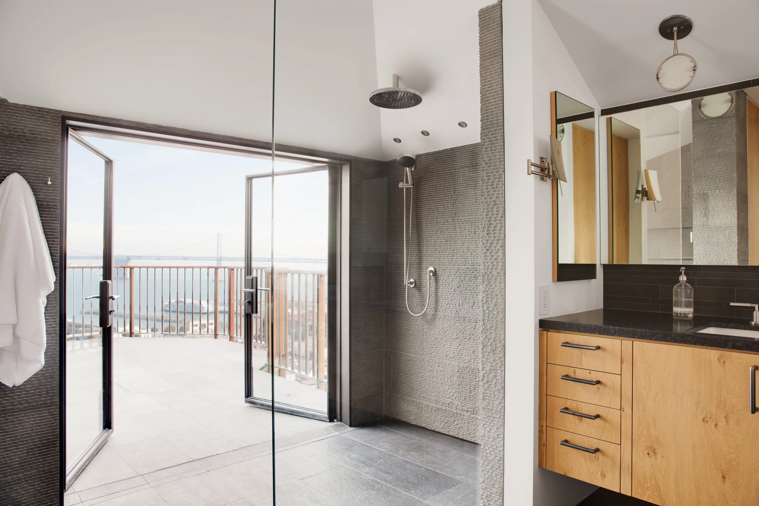 Contemporary bathroom with French doors in a Telegraph Hill home