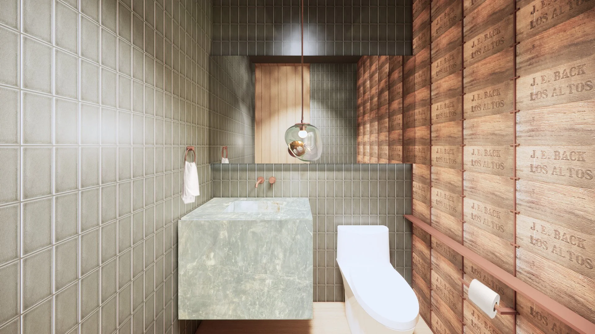 Orchard-inspired powder room featuring reclaimed wood crates from the property's original orchard