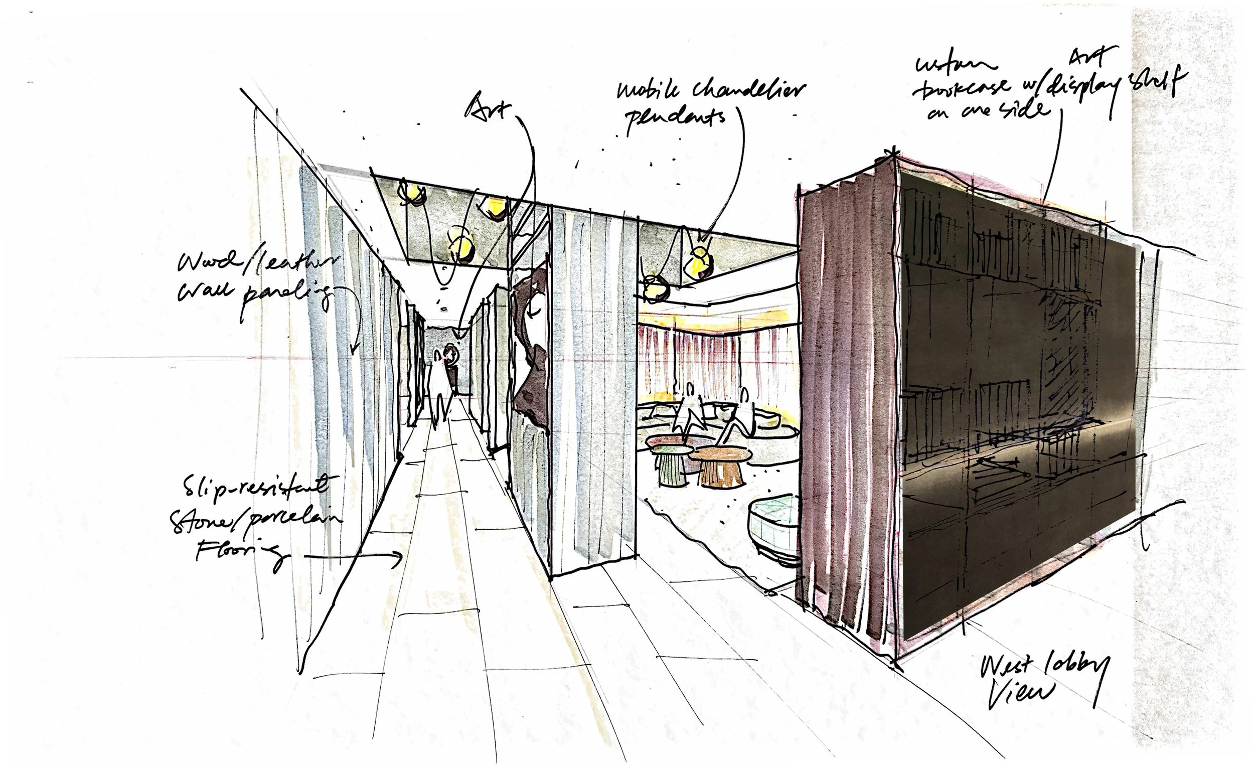 Concept sketch for the West Lobby at 101 Lombard featuring wood wall paneling, artwork, seating and layered lighting