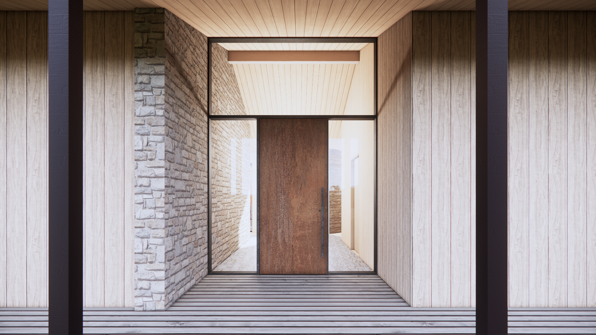 Modern wood entry door framed by natural stone and wood at the Octagon House in Los Altos Hills