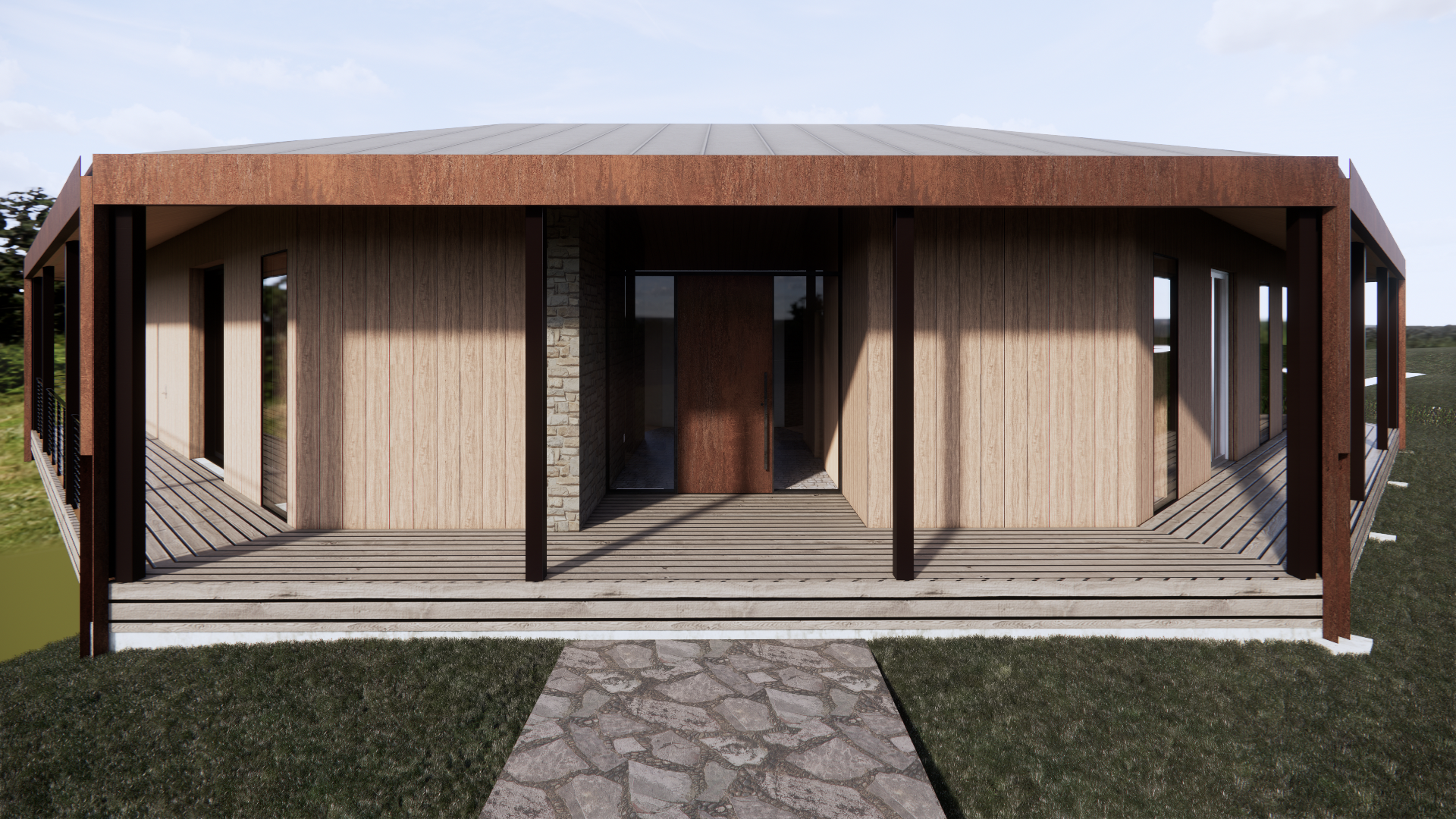 Covered entry porch extending around the octagonal residence in Los Altos Hills