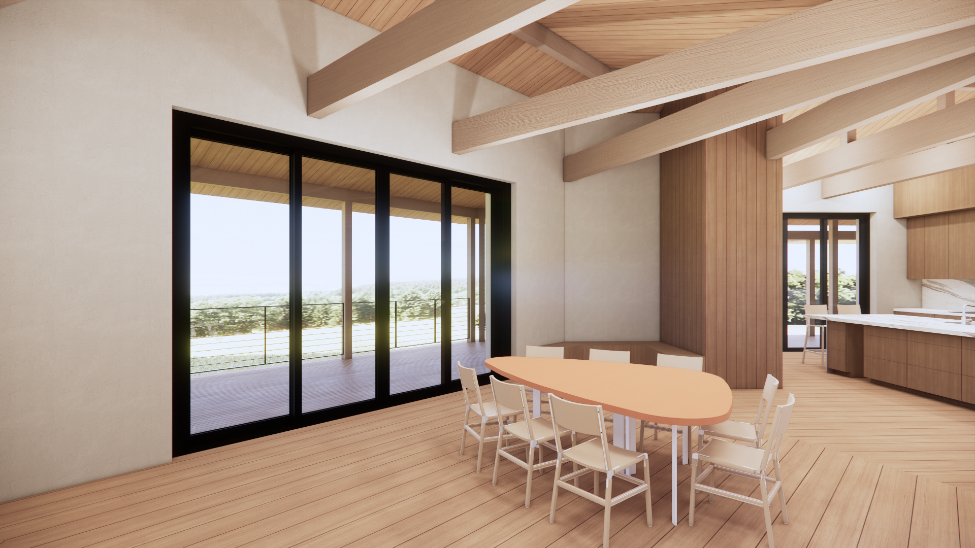 Dining area with custom wood finishes and direct connection to the covered outdoor porch