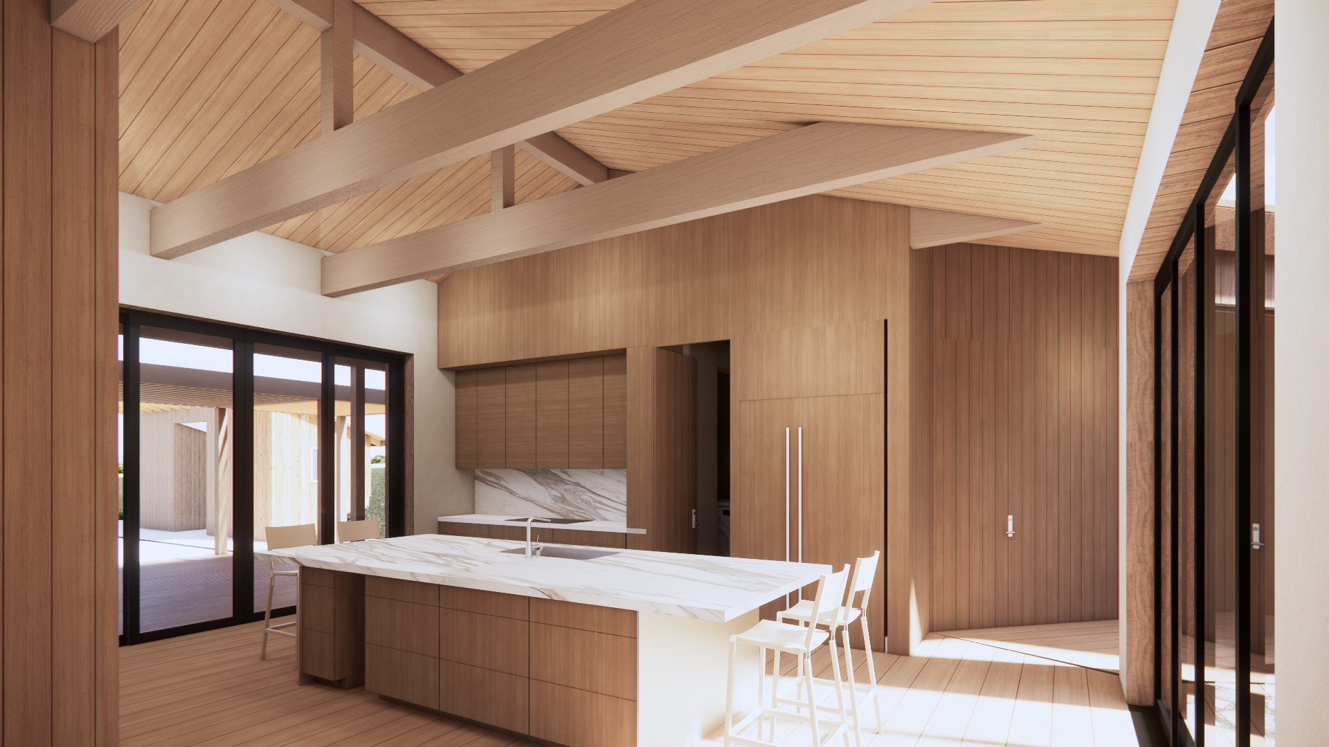 Custom modern kitchen with natural wood cabinetry and stone countertops in a new Los Altos Hills residence